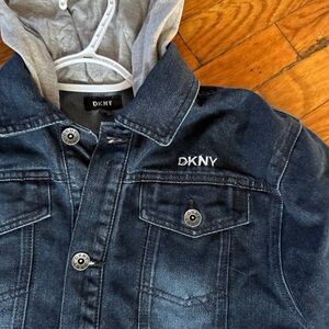 DKNY boys Blue Denim Jacket with Gray Hood